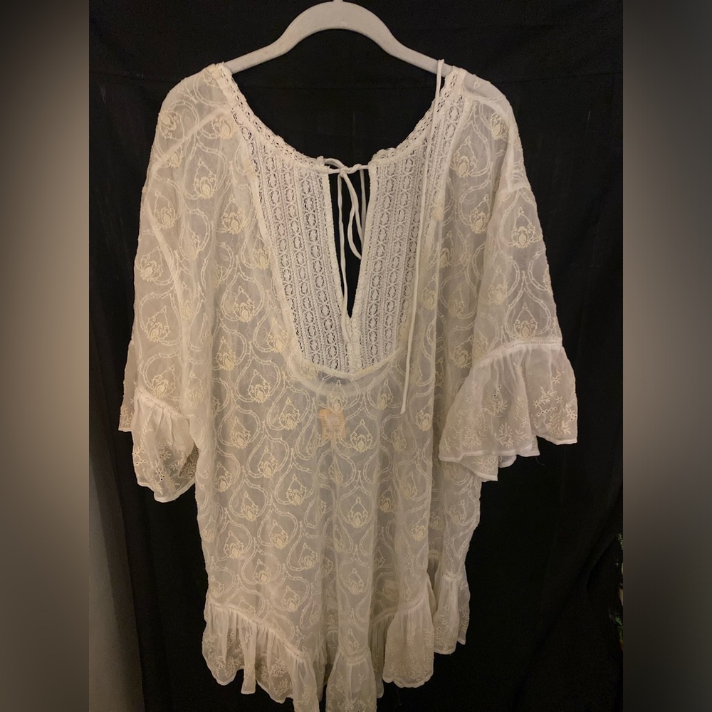 Anthropologie sheer embroidery top,cover up, mini dress. Size L.